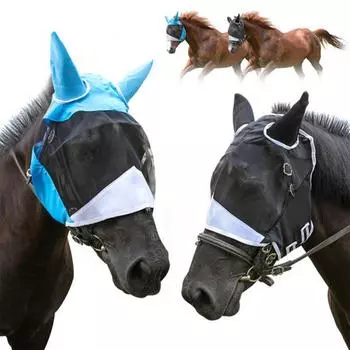 Сетчатая защита от мух с ушками, дышащая, защита от ультрафиолета, полное покрытие лица, защита глаз от насекомых-вредителей, товары для лошадей M синий
