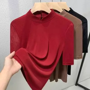 Сетчатая женская футболка со средними рукавами, новая осенняя, воротник-стойка на плечах, внутренняя нижняя часть рубашки, дизайн верхней части, нишевая женская S чёрный