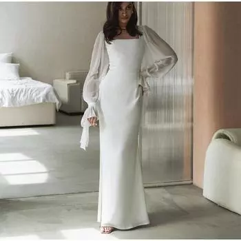 Новое летнее женское платье с французским квадратным вырезом, микропрозрачные расклешенные рукава, облегающая талия для похудения, длинные однотонные платья с вырезом «рыбий хвост» S белый