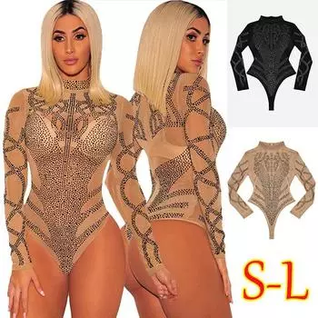 Сетчатое боди с длинными рукавами и искусственным бюстье со стразами S хаки