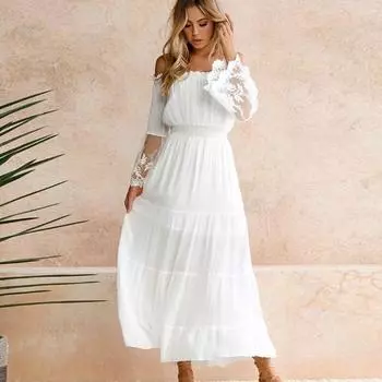 Сетчатое кружевное белое платье с открытыми плечами, женские повседневные халаты, элегантное сексуальное летнее платье, женское вечернее платье с разрезом на шее и длинным рукавом 24830 S чёрный