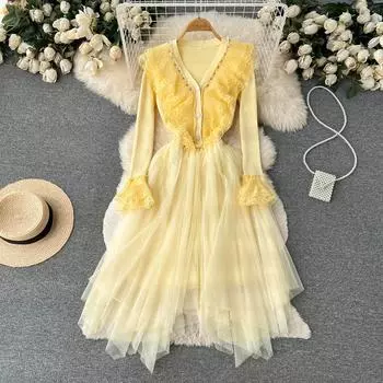 Сетчатое кружевное вязаное платье с v-образным вырезом во французском стиле для перерыва на чай Нерегулярное платье феи со сладкой талией