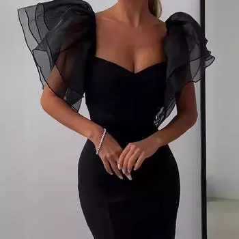 Сетчатое облегающее платье с рукавами-бабочками, женское платье-футляр с квадратным вырезом и миди-халатом, женское однотонное черное сексуальное женское вечернее платье S чёрный