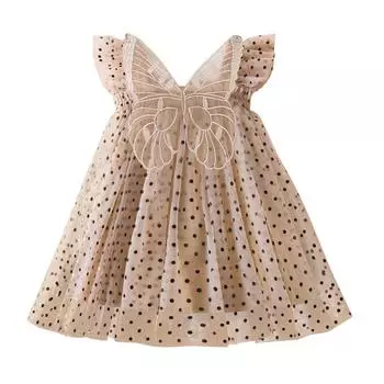 Сетчатое платье принцессы с подтяжками и бабочками в горошек для девочек 100 хаки