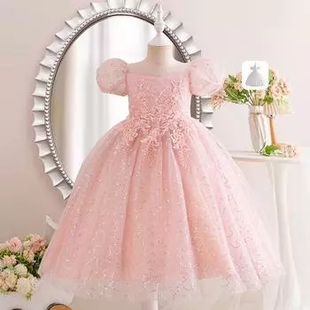 «Сетчатое платье принцессы с рукавами-фонариками для девочек — наряд для свадьбы и ужина» 160 cm белый