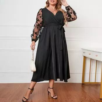 Сетчатое платье с длинными рукавами и принтом для женщин, с перекрестной запахом, рюшами и v-образным вырезом, завязкой на талии, длинное платье для вечеринки, свадьбы, платье для гостей, свободное плюс элегантное летнее платье 1XL чёрный
