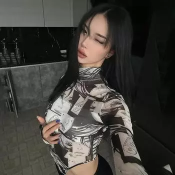 Сетчатое прозрачное боди для женщин с мультяшным принтом и высокой талией, осенняя прозрачная эластичная сексуальная футболка с рукавами с отверстиями L чёрный