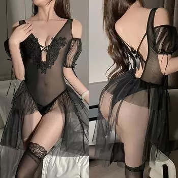 Сетчатое сексуальное нижнее белье кружево перспектива сексуальная ночная рубашка без бретелей глубокий V страсть униформа соблазнение пижама открыть файл One size
