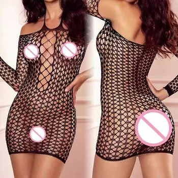 Сетчатое сексуальное нижнее белье Облегающее платье Ажурная клубная одежда Перспектива порно Длинные рукава Рождество День святого Валентина Женские платья с бретельками через шею XXS