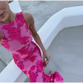 Сетчатое стерео дискоидное платье с цветочным узором, облегающее, с длинными бедрами, сексуальное облегающее женское вечернее платье в стиле пэчворк с 3D-дизайном без рукавов и круглым вырезом S