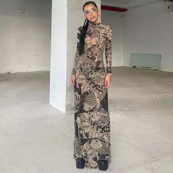 Сетчатое винтажное макси-платье с принтом, женское сексуальное прозрачное платье с длинным рукавом и воротником-стойкой, тонкое облегающее платье для вечеринок и вечеринок S