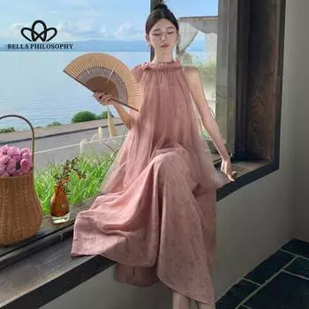 Сетчатое висячие шеи, утреннее платье, юбка, сказочное пляжное платье с веером, длинное платье, струящееся длинное платье в повседневном стиле S зелёный