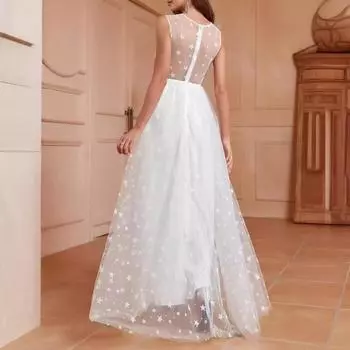 Сетчатое взрывное платье длинное платье сексуальное без рукавов свадебное банкетное платье длинное платье S белый