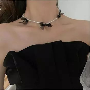 Сетчатое жемчужное ожерелье с бантом для женщин Ins Wind Niche Design Clavicle Chain Neck Chain