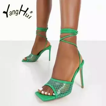 Сетчатые ажурные бандажные туфли на высоком каблуке 2024 года, новые модные сексуальные женские сандалии в европейском и американском стиле, лето 35 чёрный
