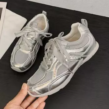 Сетчатые балетки с круглым носком, летние, новые, спортивные, повседневные, уличные, на шнуровке, плоские туфли, белые/серебристые, модные женские туфли-лодочки 35