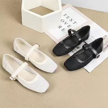 Сетчатые балетки женские повседневные рабочие туфли для ходьбы удобные туфли Мэри Джейн балетки женские туфли без застежек квадратные закрытые носки с ремешком на щиколотке 35 чёрный