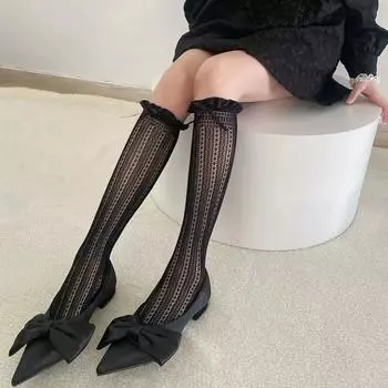 Сетчатые чулки, гольфы, носки Лолита Кавайи, носки с оборками, высокие чулки для женщин, милые носки с бантом для девочек JK, высокие чулки молочный белый