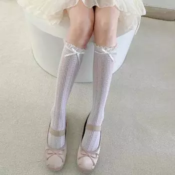 Сетчатые чулки, гольфы, носки Лолита Кавайи, носки с оборками, высокие чулки для женщин, милые носки с бантом для девочек JK, высокие чулки молочный белый