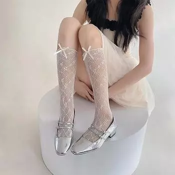 Сетчатые чулки Kawaii Bow Fashion Girls Гольфы Вырез Тонкие Дышащие Лолита Kawaii Длинные Носки Женские Чулки бежевый