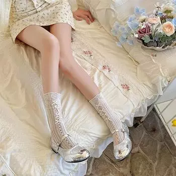 Сетчатые чулки Lolita Kawaii кружевные носки с оборками ажурные гольфы милые бантики JK Sweet Girls длинные носки женские чулки