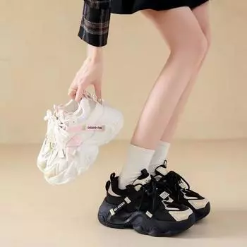 Сетчатые дышащие громоздкие кроссовки женские маленькие новые весенние толстые высокие повседневные туфли женские туфли 35
