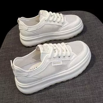 Сетчатые дышащие кожаные маленькие белые туфли детские летние новые универсальные туфли на толстой подошве для увеличения роста 35