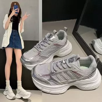 Сетчатые дышащие кроссовки Pops женские весенние и летние модели с толстой подошвой, увеличивающие рост, с легкими повседневными кроссовками для бега 35 серебряный