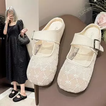 Сетчатые дышащие полутапочки Baotou, модная и удобная женская верхняя одежда, летние сотни плоских туфель Мэри Джейн 35 хаки