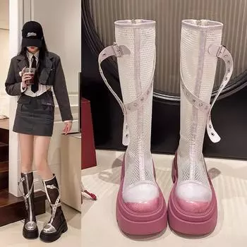 Сетчатые дышащие сандалии женские высокие каблуки до колена крутые сандалии дизайнерские летние туфли на платформе прогулочные туфли женские туфли-лодочки Zapatos 35