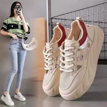 Сетчатые дышащие сетчатые туфли женские летние 2024 тонкие полые маленькие белые туфли толстая подошва усиливающая ниша универсальные студенческие туфли для сноуборда 35 чёрный