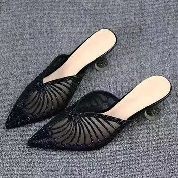 Сетчатые дышащие стразы Baotou полутапочки женские туфли на шпильках высокие каблуки Hollow Muller Shoes женская обувь EU39/CN40