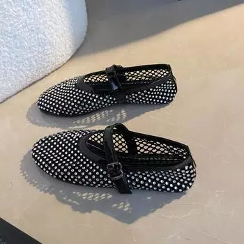 Сетчатые дышащие стразы модные универсальные женские новые иностранные туфли-лодочки с поясом на плоской мягкой подошве Mary Jane женские туфли 35 чёрный