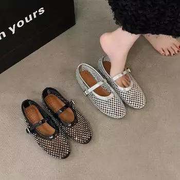 Сетчатые дышащие стразы модные универсальные женские новые иностранные туфли-лодочки с поясом на плоской мягкой подошве Mary Jane женские туфли 35 чёрный