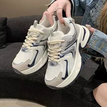 Сетчатые дышащие туфли для папы на толстой подошве для женщин, весна 2025, новые дышащие удобные универсальные повседневные спортивные туфли на шнуровке 35 серый