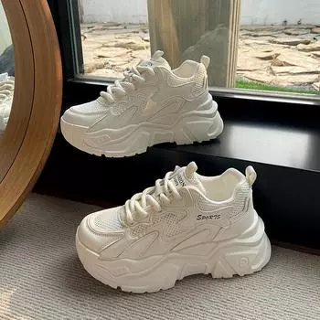 Сетчатые дышащие весна 2025 новые на толстой подошве удобные маленькие белые туфли женский досуг тренд 35 бежевый