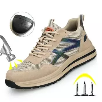 Сетчатые дышащие защитные ботинки на плоской подошве со стальным носком, мужские рабочие защитные ботинки для улицы, обувь для строительных работ, мужская обувь с защитой от ножевых ранений 36