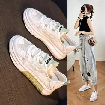 Сетчатые кроссовки 2021, весенне-летняя модная женская дышащая повседневная обувь для бега 35 белый/зелёный