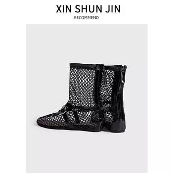 Сетчатые крутые ботильоны, подиумные сексуальные короткие ботильоны, трендовые женские новые черные с круглым носком на плоской подошве, одинарные туфли с заклепками 35