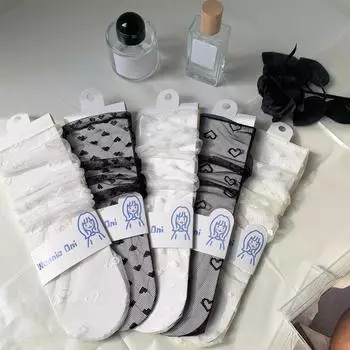 Сетчатые кружевные носки женские летние ультратонкие прозрачные свободные длинные носки с принтом сердца Лолита милая девушка кавайные милые носки носки