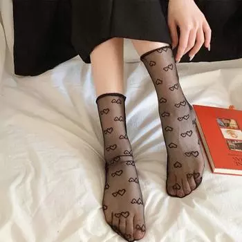 Сетчатые кружевные носки женские летние ультратонкие прозрачные свободные длинные носки с принтом сердца Лолита милая девушка кавайные милые носки носки
