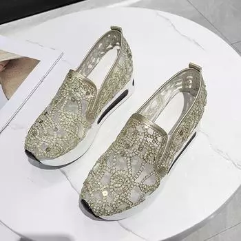 Сетчатые одинарные туфли с покатым каблуком, толстой подошвой, повседневные туфли с низким вырезом, которые можно носить как верхнюю одежду, а также как повседневные туфли без шнуровки 35 золотой