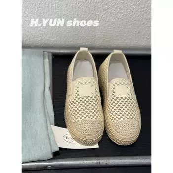 Сетчатые полые дышащие туфли-рыбаки женские на одной педали ленивые летние новые соломенные печенья женские туфли 35 бежевый