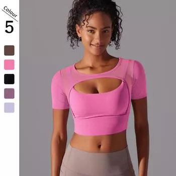 Сетчатые рубашки для йоги Nessaj женские быстросохнущие рубашки для фитнеса сексуальные топы с короткими рукавами для бега в спортзале S коричневый