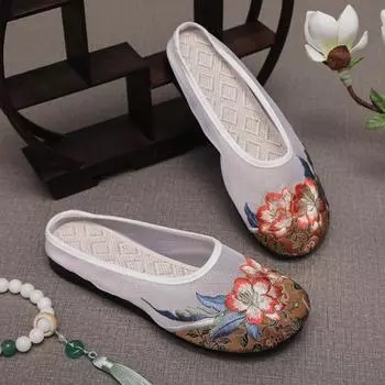 Сетчатые тапочки ханьфу, вышитые цветами туфли-чонсамы, этнические тапочки баотоу для девочек EU35-Style B