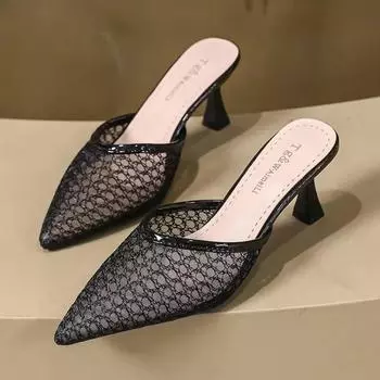 Сетчатые тапочки, женская летняя обувь, женская модная вязаная обувь на эластичном остром каблуке, серебристые туфли-лодочки на высоком каблуке 34 чёрный