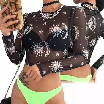 Сетчатые топы, солнцезащитная одежда в стиле бохо, черный сетчатый топ, прозрачный укороченный топ с длинными рукавами и принтом луны и звезд, женские футболки S чёрный
