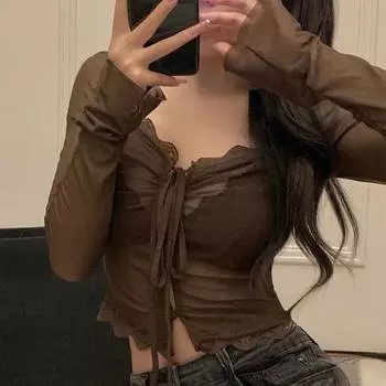 Сетчатые топы, женская футболка на шнуровке Y2k, женские японские прозрачные винтажные топы, женские кружевные кардиганы, укороченные футболки, летние топы S красный