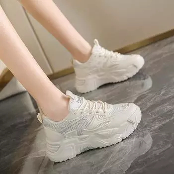 Сетчатые туфли для папы для женщин 2024 года, весна и осень, новые низкие спортивные туфли на толстой подошве, дышащие и универсальные женские туфли для тенниса 35 бежевый