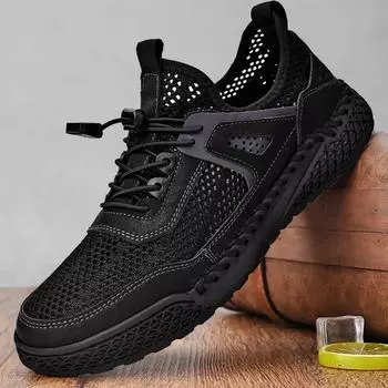 Сетчатые туфли мужские летние 2024 новые полые мужские туфли с одной педалью тонкие дышащие нескользящие мужские легкие повседневные туфли 38 хаки